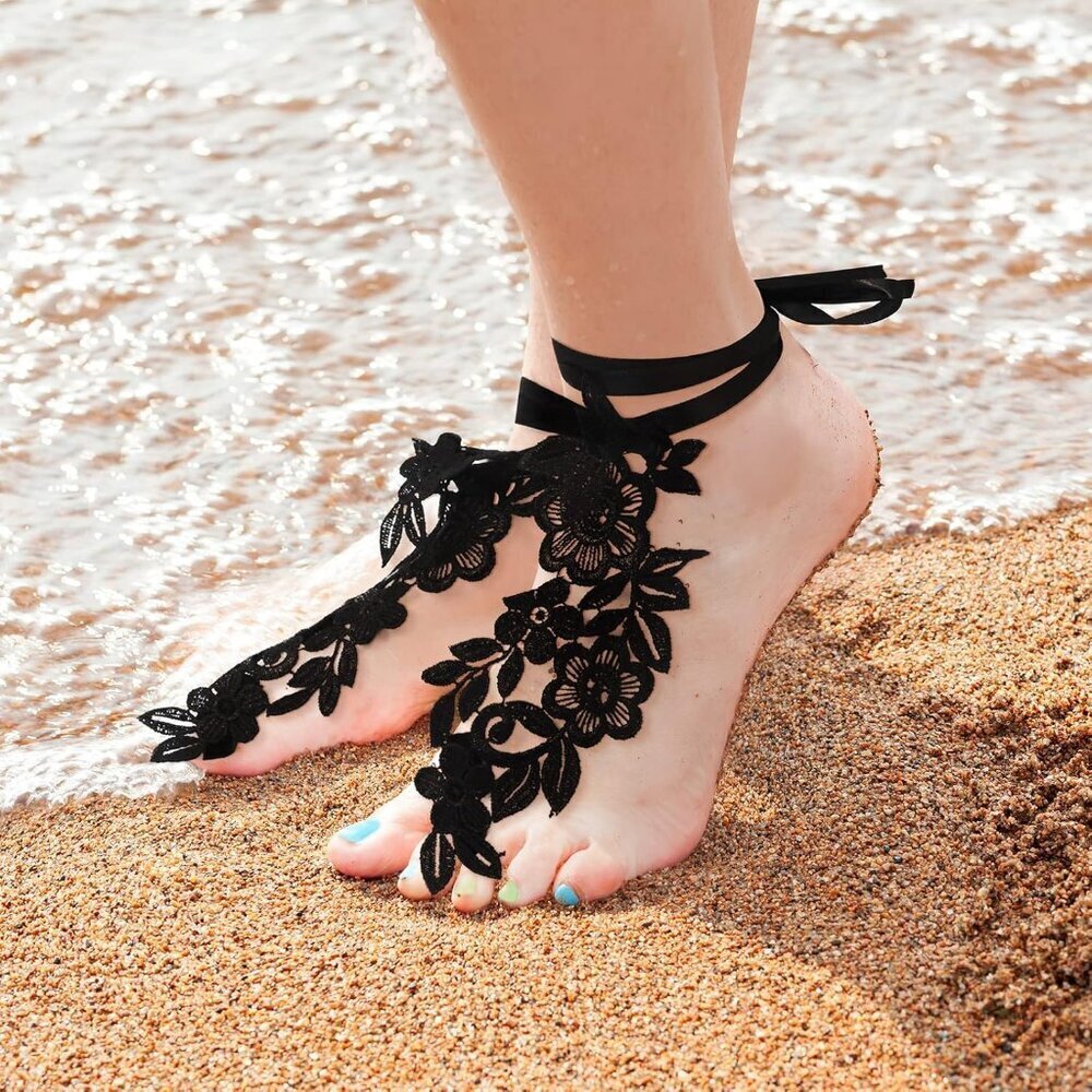 Lace Barefoot Sandals 2 Pairs Floral Embroidery Toe Rings for Women - Picture 4 of 6